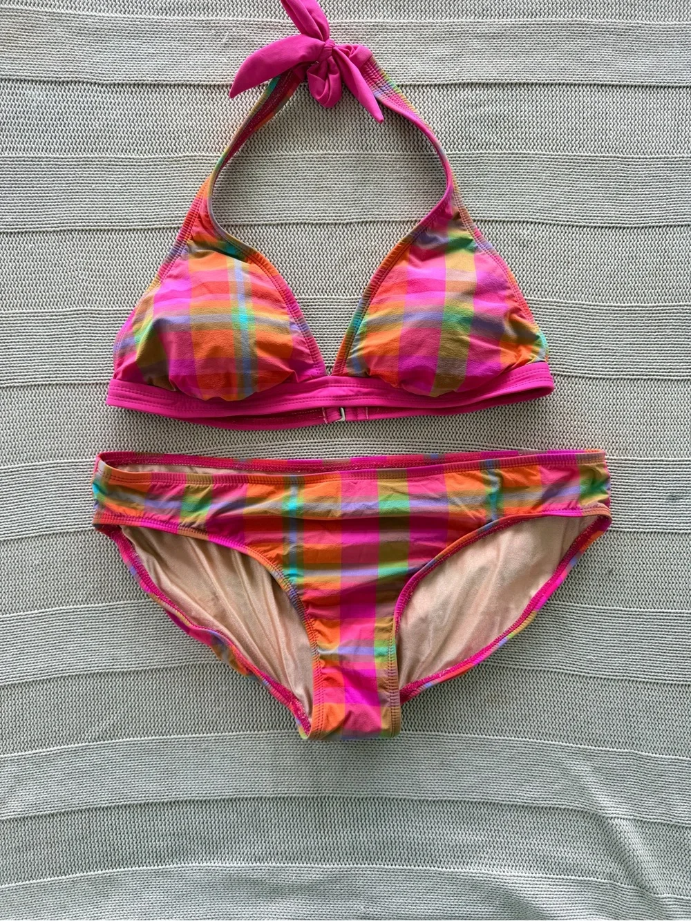 Vintage y2k summer beach Women’s Halter Bikini Set in Bright Pink Plaid